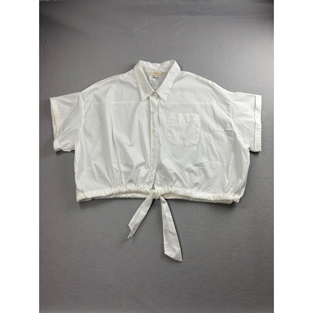 Elan Womens XL White Cotton Tie Front Short Sleeve Crop Shirt Button Down NWOT